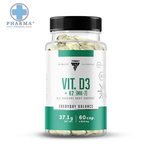 Bouteille en plastique transparente avec capsule noire contenant 60 gélules vert clair trec nutrition vit multivitaminé