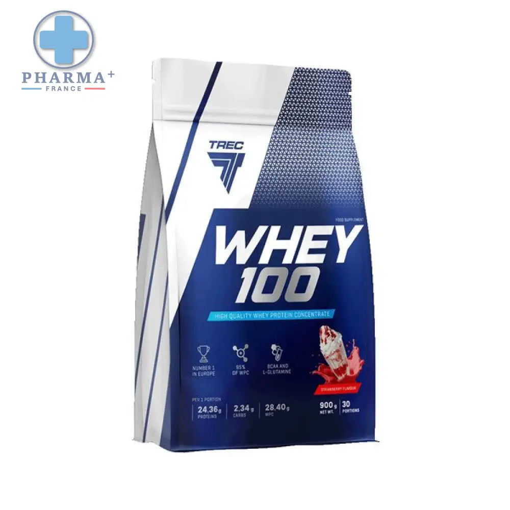 Sachet bleu et blanc de trec nutrition whey 100 protéine de lactosérum saveur fraise avec illustration de fraises