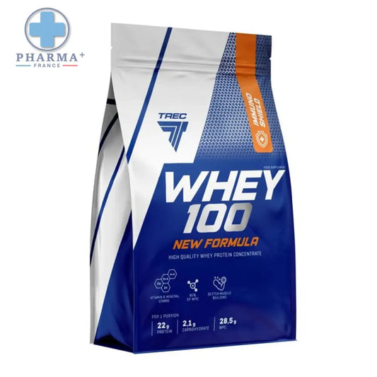 Poche bleue et blanche de trec nutrition whey 100 protéine musculation 900 g avec accents orange double chocolate