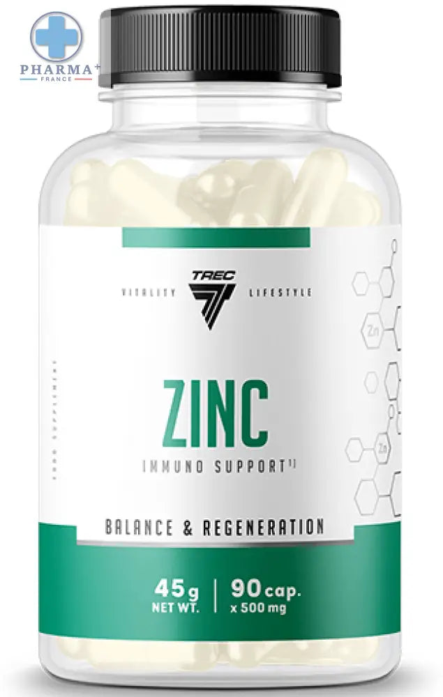 Bouteille transparente avec capsules blanches et bouchon noir trec nutrition zinc complément soutien immunitaire