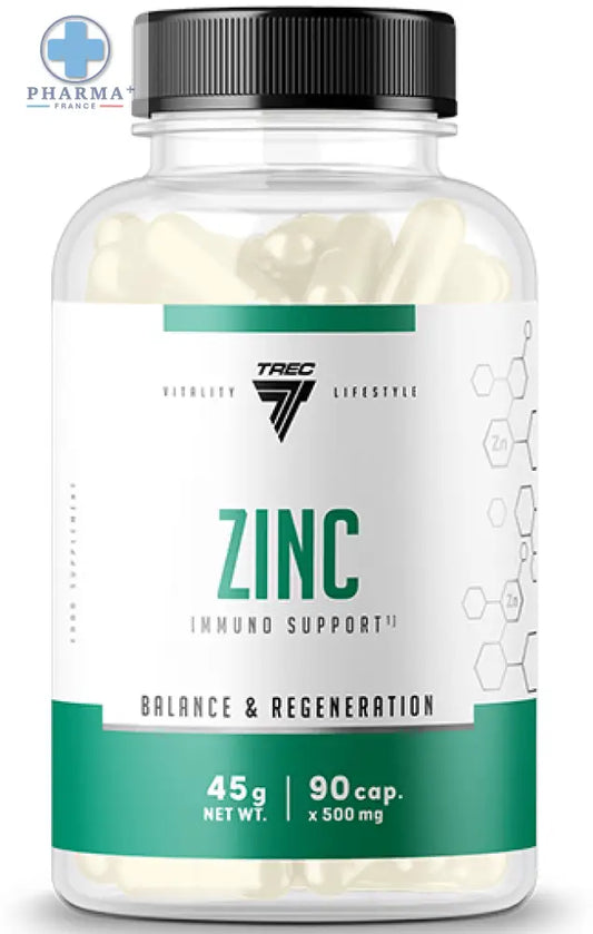 Bouteille transparente avec capsules blanches et bouchon noir trec nutrition zinc complément soutien immunitaire