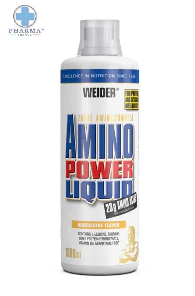 Bouteille blanche en plastique de weider amino power liquide saveur mandarine 1000 ml avec lettrage bleu et rouge