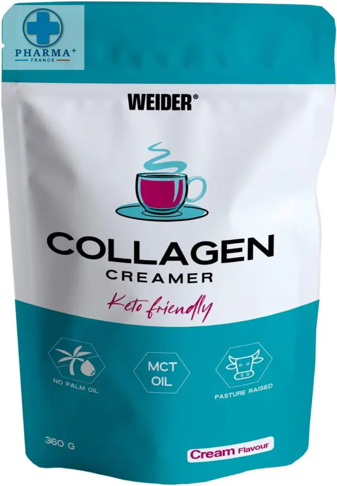Weider collagen creamer en sachet bleu et blanc avec illustration tasse rose saveur crème keto friendly 450 g