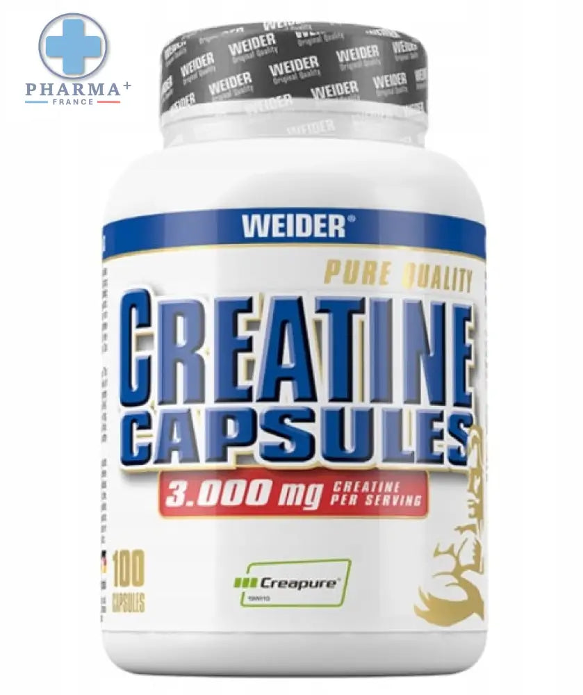 Bouteille blanche en plastique de weider créatine gélules 3000 mg avec bouchon noir et blanc et étiquette bleue et or