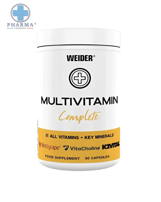 White cylindrical container of weider multivitamin complete with yellow band and gold script containing 90 capsules