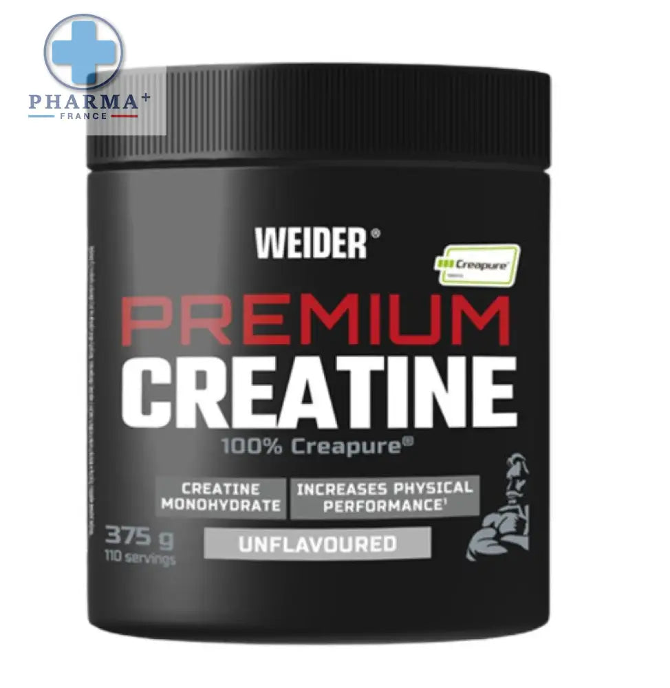 Conteneur cylindrique noir de weider premium créatine monohydrate en poudre unflavored 375g avec étiquette rouge et blanche
