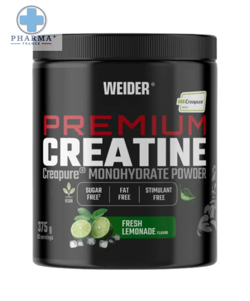Pot cylindrique noir de weider premium créatine monohydrate en poudre saveur fresh lemonade 600 g