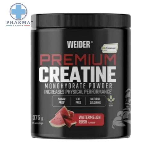 Black container of weider premium créatine monohydrate powder watermelon rush flavor 375 g product image
