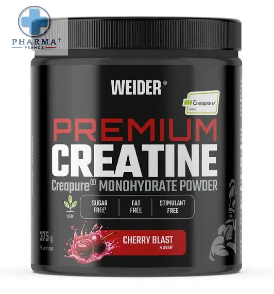 Pot cylindrique noir de weider premium créatine saveur cherry blast 600 g avec étiquetage rouge et blanc