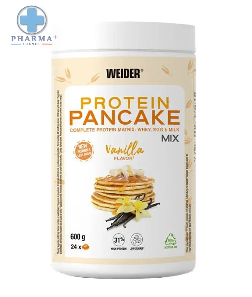 Weider protéine pancake mix saveur vanille 600 g en emballage cylindrique blanc avec étiquette beige et orange