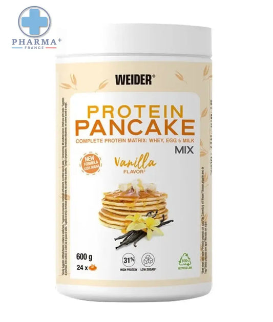 Weider protéine pancake mix saveur vanille 600 g en emballage cylindrique blanc avec étiquette beige et orange