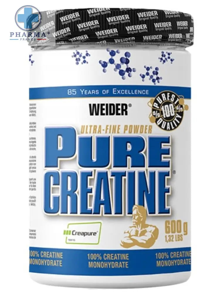 White cylindrical container of weider pure créatine 600 g with blue and gold branding and black lid for performance use