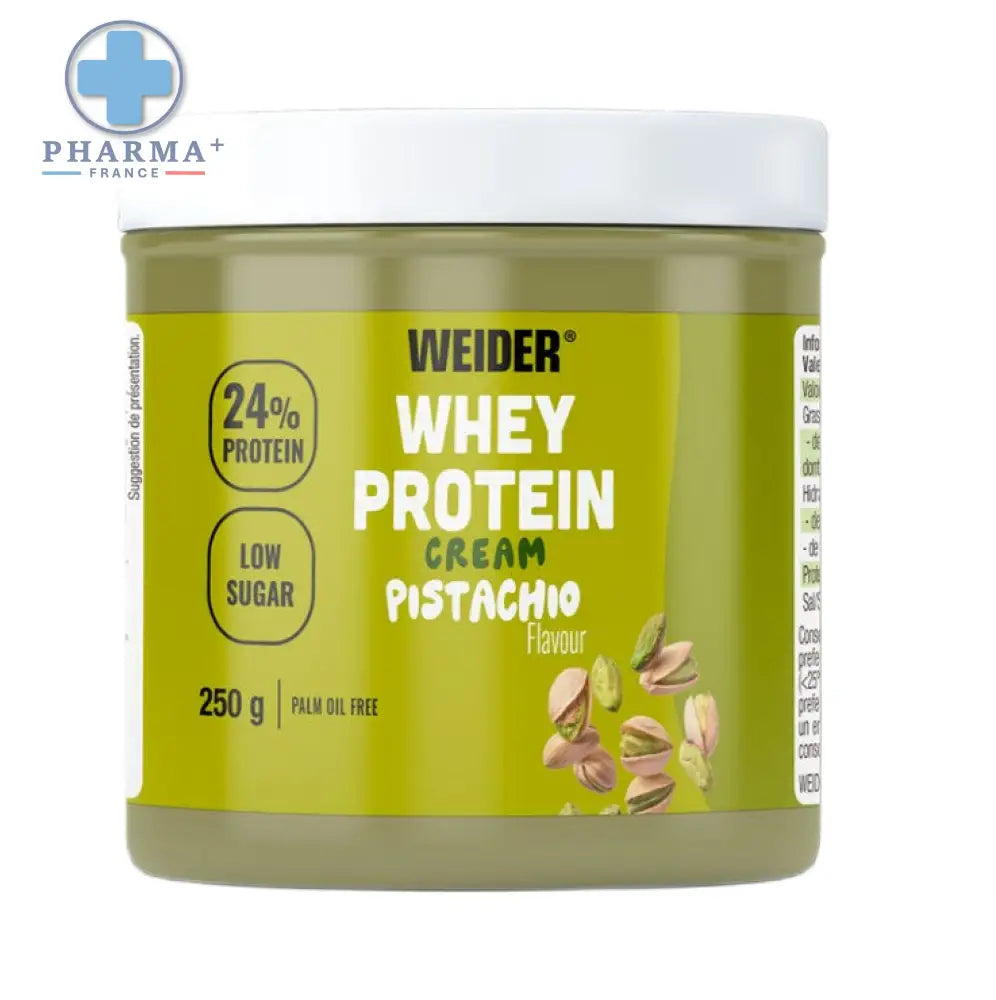 Weider whey protéine cream pistache 250 g en pot vert citron avec couvercle blanc pour compléments sportifs