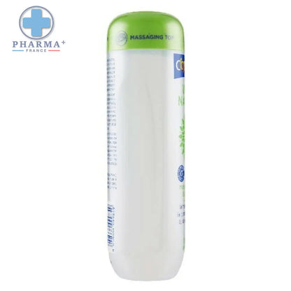 Flacon blanc avec capuchon vert de Wild Nature Control, gel de massage naturel à base d’eau avec des feuilles