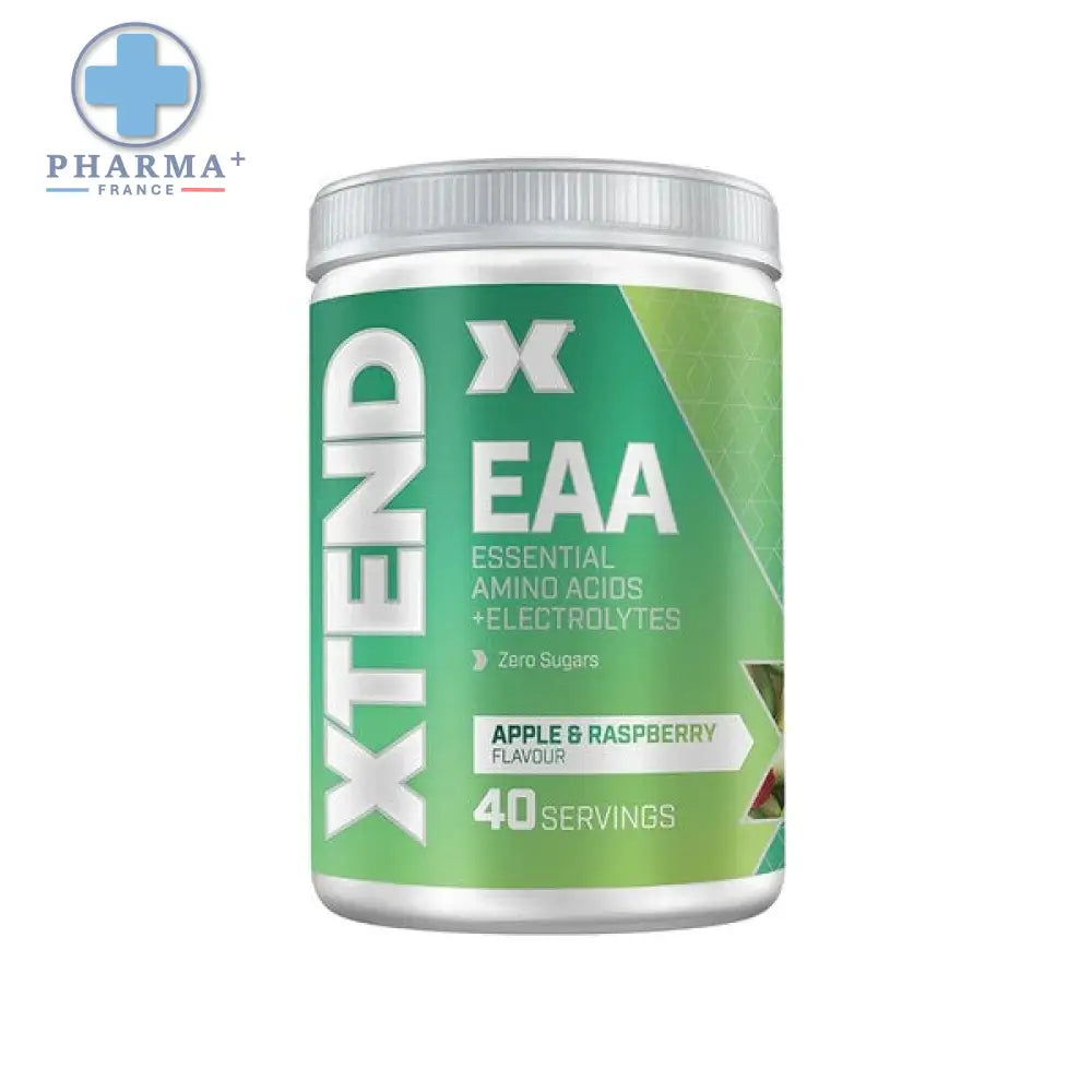 Conteneur cylindrique vert et blanc de xtend eaa acides aminés essentiels avec électrolytes saveur pomme framboise