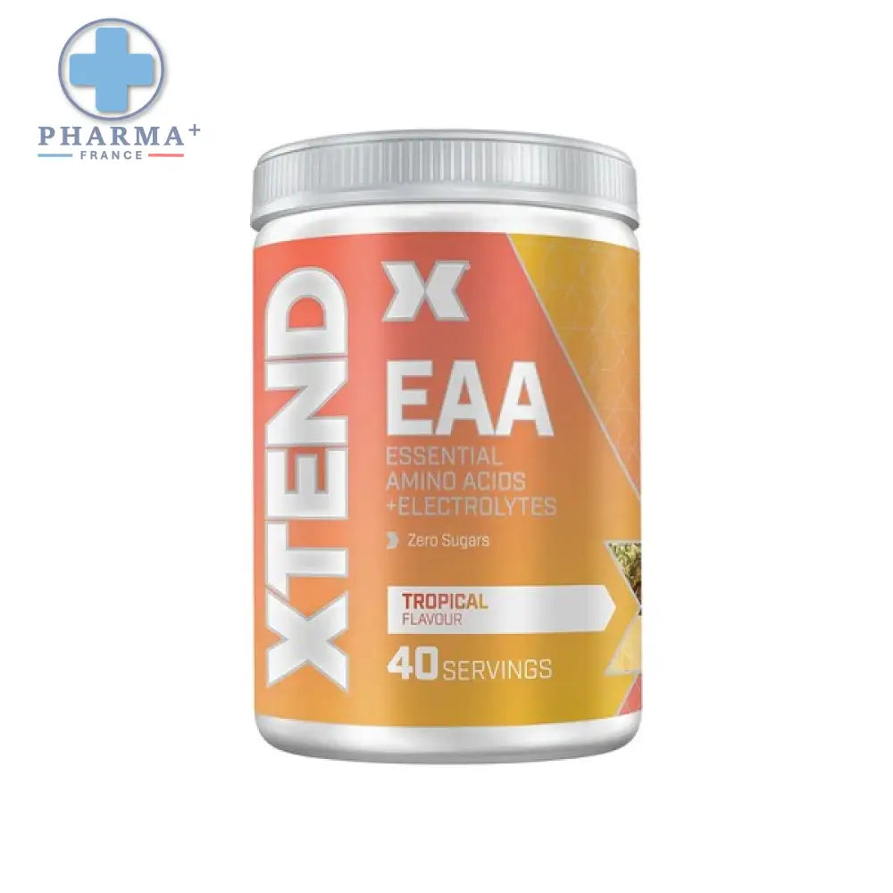 Xtend eaa complément électrolytes orange et jaune 30 portions avec couvercle et base argentés en plastique